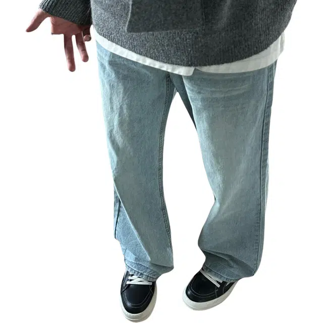 冈哉 美式复古高街潮流小众设计个性做旧水洗阔腿弯刀百搭痞帅垂感宽松直筒日常通勤牛仔裤 男女同款