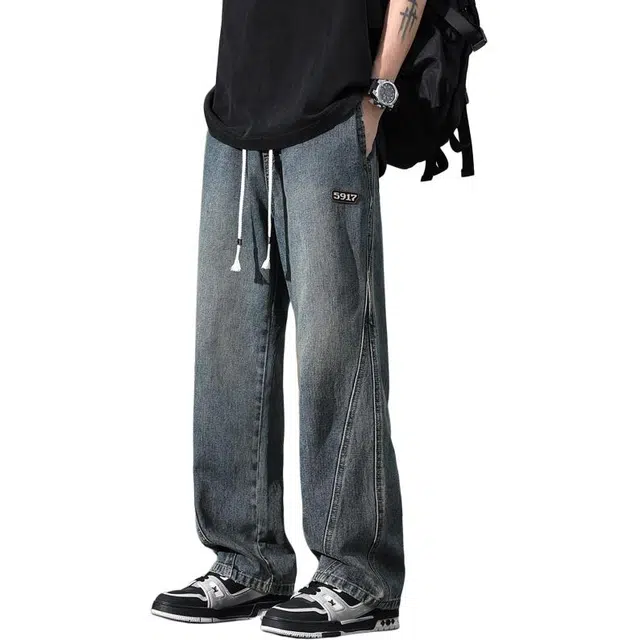 协协乐 美式复古春秋季高街潮牌水洗怀旧宽松直筒设计感阔腿休闲百搭运动长裤牛仔裤 男款
