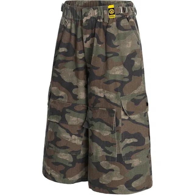 普鲁士多特蒙德 美式复古迷彩多口袋工装七分裤宽松直筒过膝水洗潮牌轻户外机能立体廓形休闲短裤 男女同款