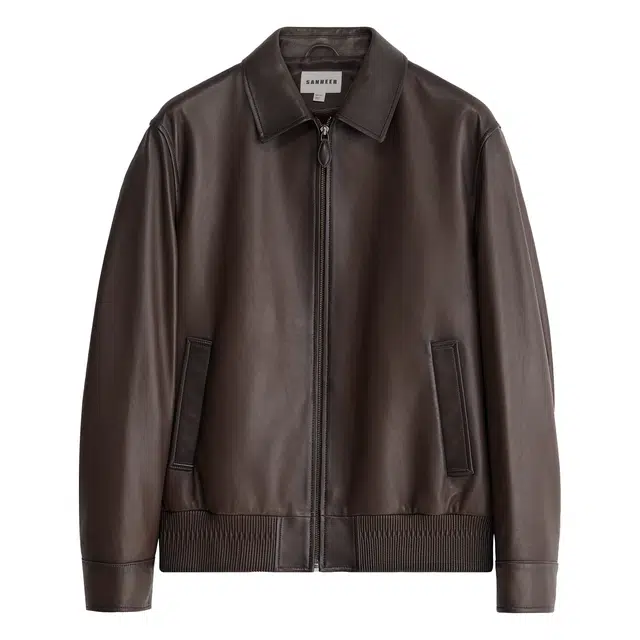 丹宁哲学 绅士绣花松紧下摆纯色翻领直筒型皮衣 男款