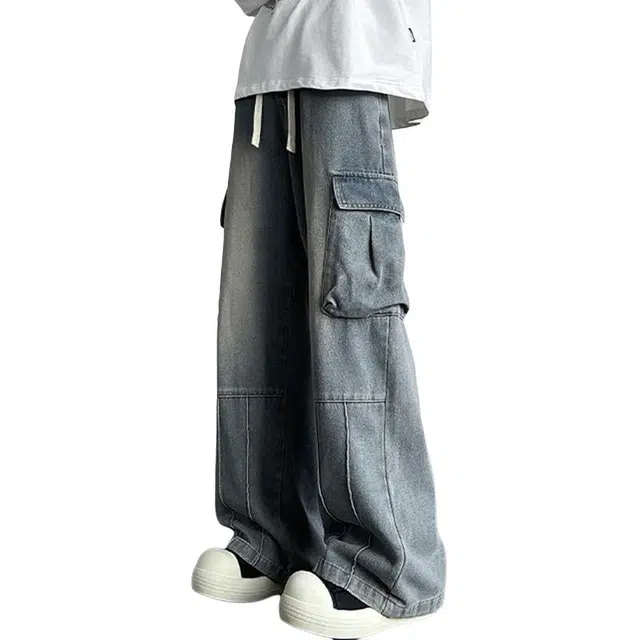 佐菲利 美式复古水洗做旧多口袋宽松阔腿裤子设计感抽绳工装牛仔裤 男女同款