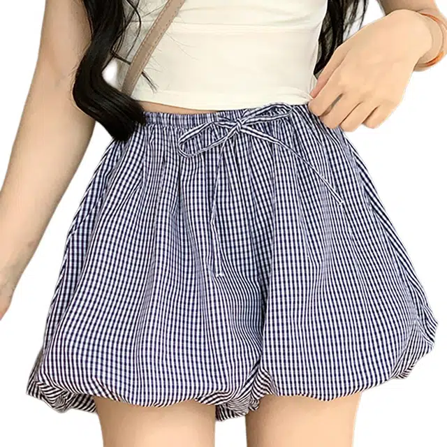 敲模女孩 甜酷风格子蓬蓬花苞休闲短裤 女款