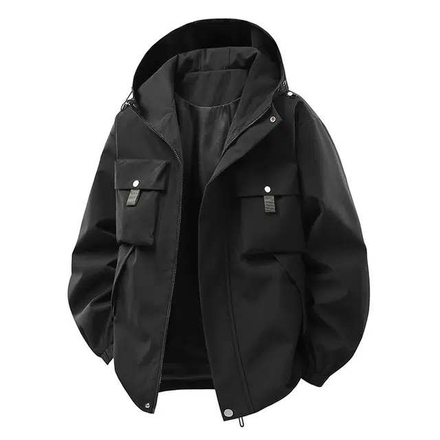 快鱼 美式复古简约纯色潮牌户外山系机能工装多口袋休闲运动防风防水宽松百搭连帽夹克外套 男女同款