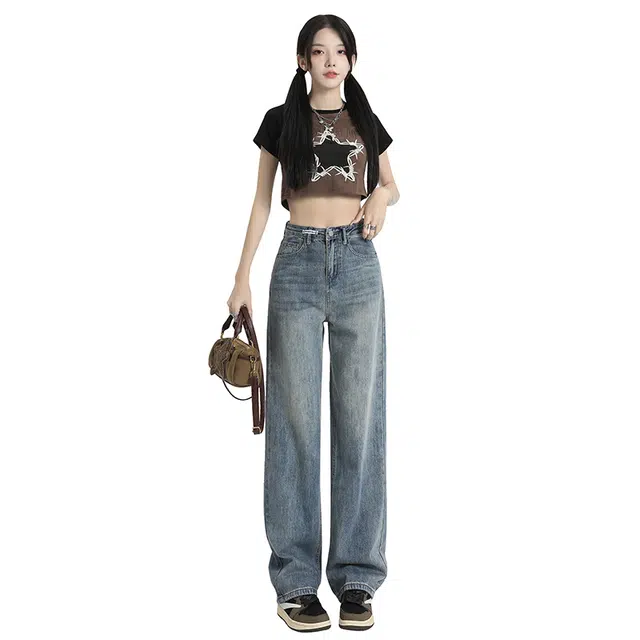 玫丝朵 高腰复古小个子垂感百搭气质显瘦直筒 牛仔裤 女款