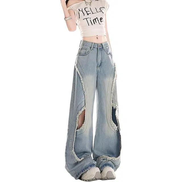 小卷要加油 高腰适中宽松阔腿牛仔裤 女款