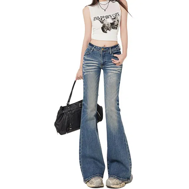 如续 低腰紧身复古水洗腰臀比微喇长裤加长牛仔裤 女款