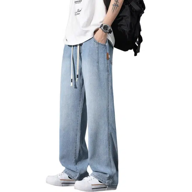 协协乐 美式水洗复古春秋季潮牌宽松直筒松紧腰阔腿垂感百搭休闲运动长裤牛仔裤 男款