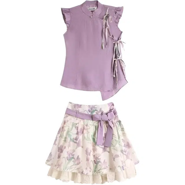 木清清 新中式小众设计短袖上衣蝴蝶结香雪兰花边半身裙时尚两件套裙装套装 女款