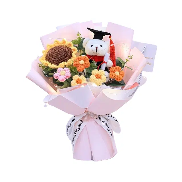 礼莎 博士熊针织花束 创意生日娃娃公仔 玩偶周边