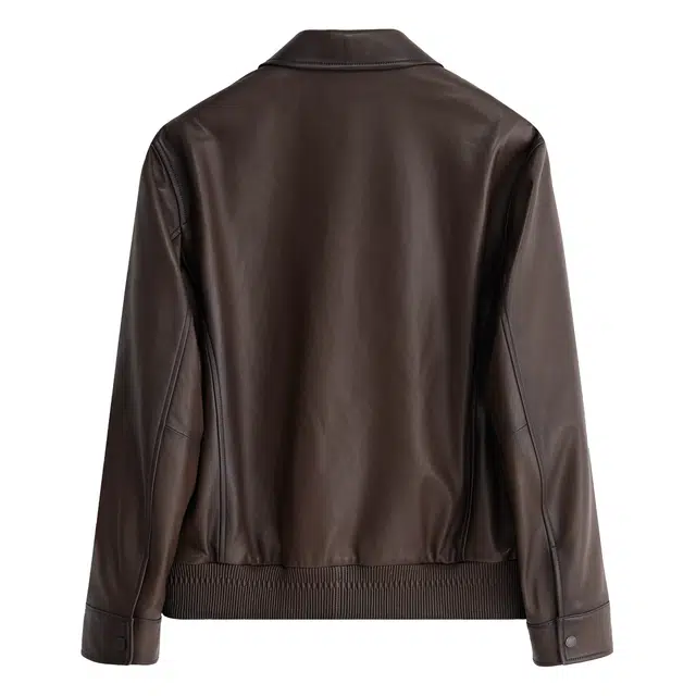 丹宁哲学 绅士绣花松紧下摆纯色翻领直筒型皮衣 男款