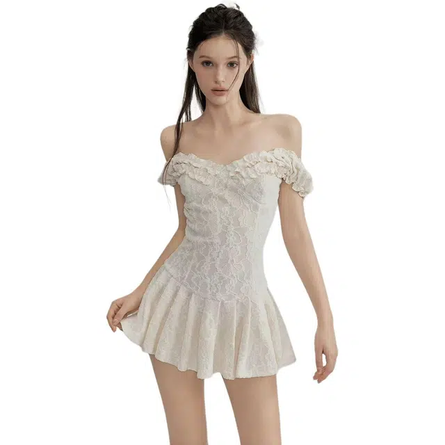 黛尔佳人 纯欲复合提花蕾丝木耳边超短连衣裙法式高级感气质甜美收腰短裙女 女款