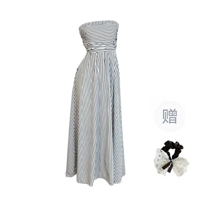 涂诗菲 港风文艺小众辣妹性感抹胸撞色条纹衫一字领收腰无袖连衣裙 女款