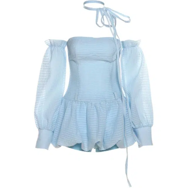 黛尔佳人 条纹合身适中高腰一字领长袖裙装套装 女款