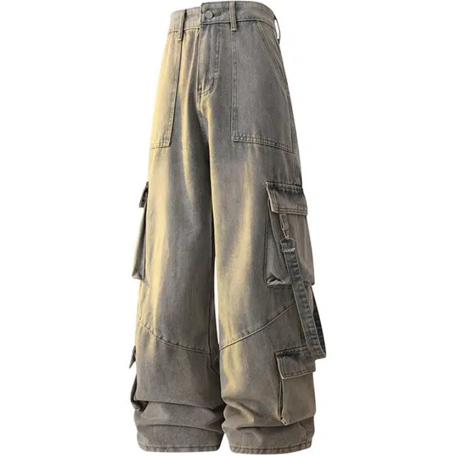 零氏 多口袋少年感拉链户外欧美嘻哈街头高街风潮流感工装设计宽松休闲直筒牛仔裤 男女同款