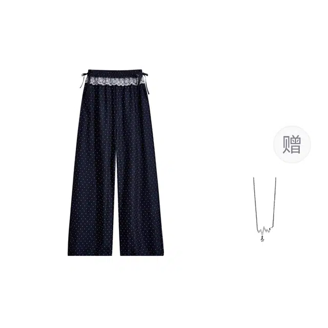 识恩 波点高腰花边垂感阔腿裤显瘦宽松直筒长裤休闲裤 女款