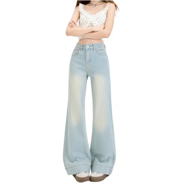 识恩 烫钻高腰宽松显瘦喇叭牛仔裤 女款