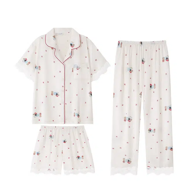 俏韵 翻领卡通腊肠狗夏季冰雪丝舒适可爱甜美短袖三件套薄款家居服可外穿睡衣套装 女款