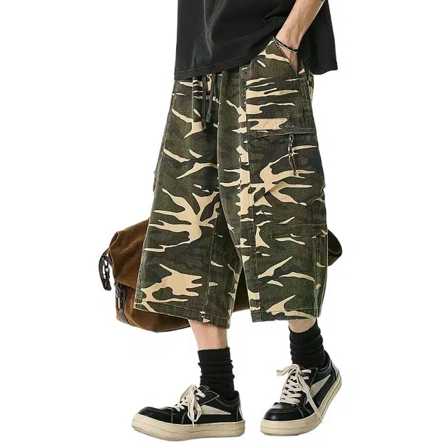 米素力 复古迷彩宽松工装裤中腰七分裤休闲短裤 男款
