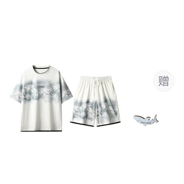 大白鲨 渐变潮流宽松短裤潮牌青少年百搭时尚短袖休闲运动套装 男款