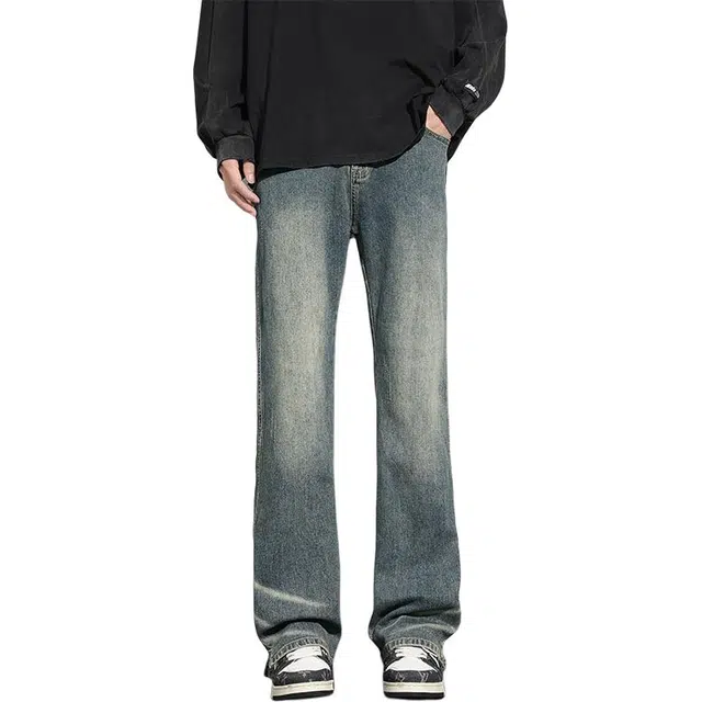 么宁 美式高街复古弹力微喇阔腿裤潮流时尚简约百搭舒适透气个性痞帅牛仔裤 男女同款