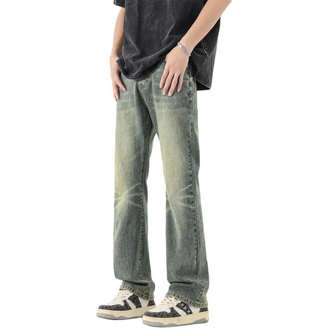 么宁 美式高街复古水洗做旧弹力微喇阔腿裤潮流时尚简约百搭舒适透气个性痞帅牛仔裤 男女同款