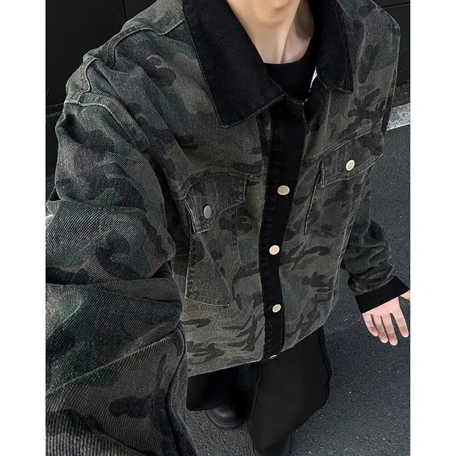 佑麟 假两件迷彩春秋美式复古潮牌高街痞帅宽松工装牛仔外套 男女同款