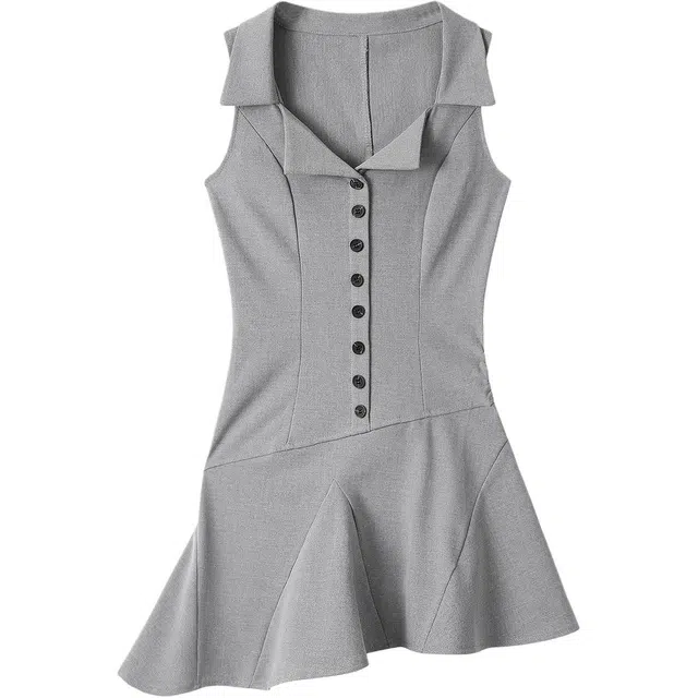 如续 韩系单排扣设计小众夏季不规则无袖连衣裙 女款