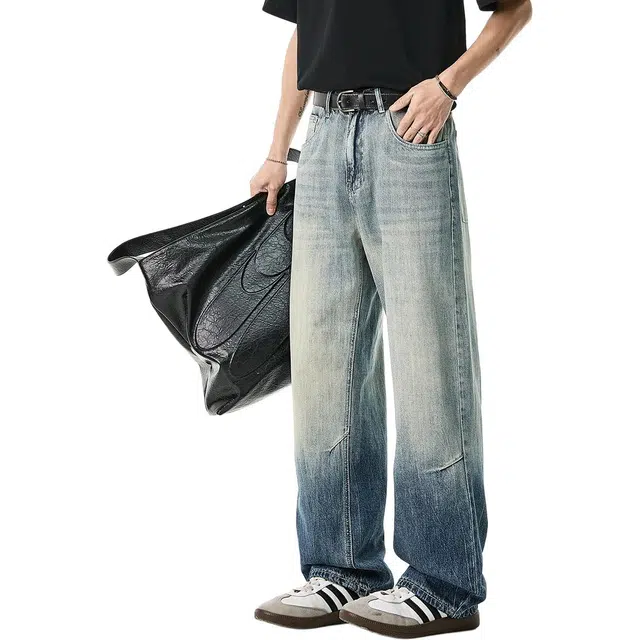 米素力 渐变色天丝夏季宽松中腰长裤牛仔裤 男款