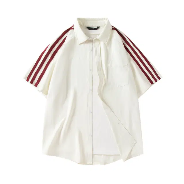 太子龍 美式条纹休闲短袖夏季男潮流宽松百搭翻领撞色衬衣衬衫 男款