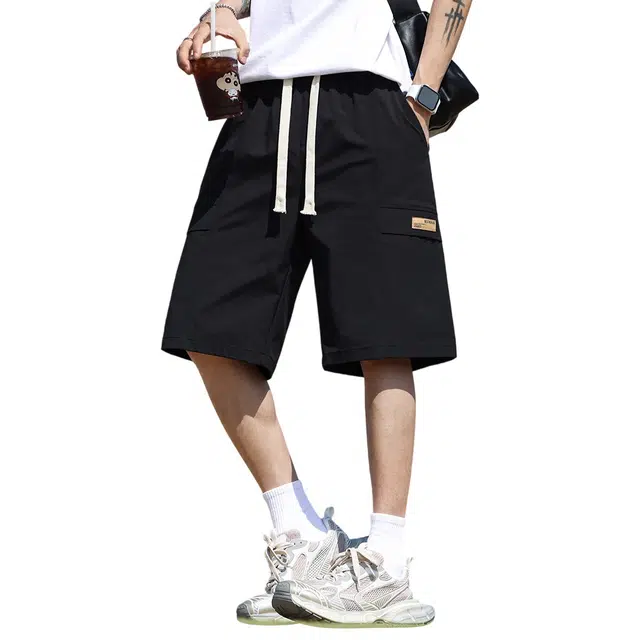 顶峰保罗 美式冰丝薄款宽松百搭工装直筒外穿痞帅无性别主义运动健身五分中裤弹力潮牌显高垂顺休闲短裤 男女同款