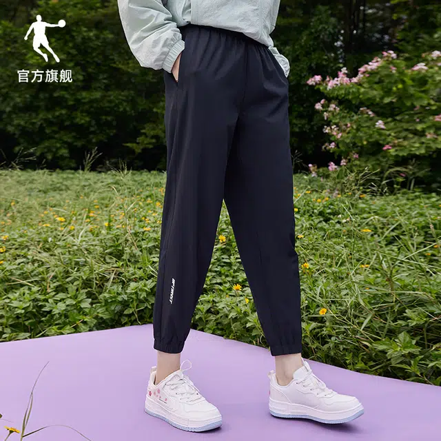 乔丹 纯色休闲速干梭织运动裤 女款 黑色