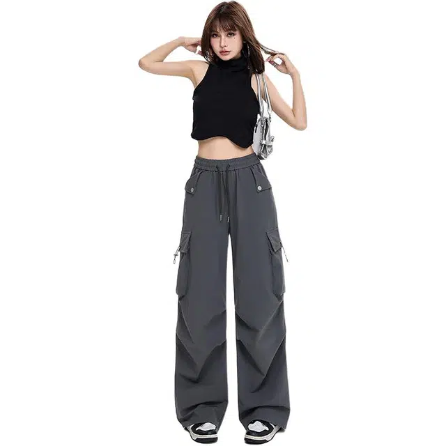 玫丝朵 美式调节休闲裤子女夏季时尚多口袋设计百搭宽松直筒阔腿工装裤 女款