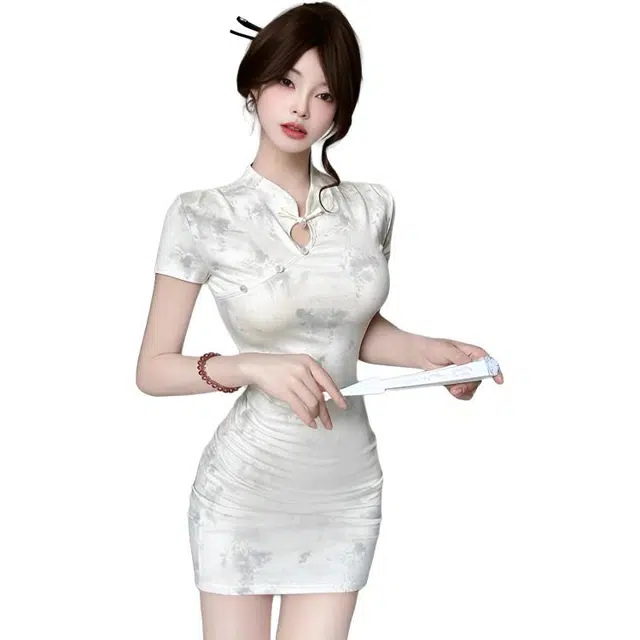 小卷要加油 夏季新中式国风年轻款改良旗袍短款紧身包臀衣服连衣裙 女款