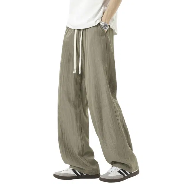 顶峰保罗 冰丝薄款褶皱潮流痞帅直筒山本裤宽松垂感阔腿抽绳无性别主义长裤时尚百搭高级感运动休闲裤 男女同款
