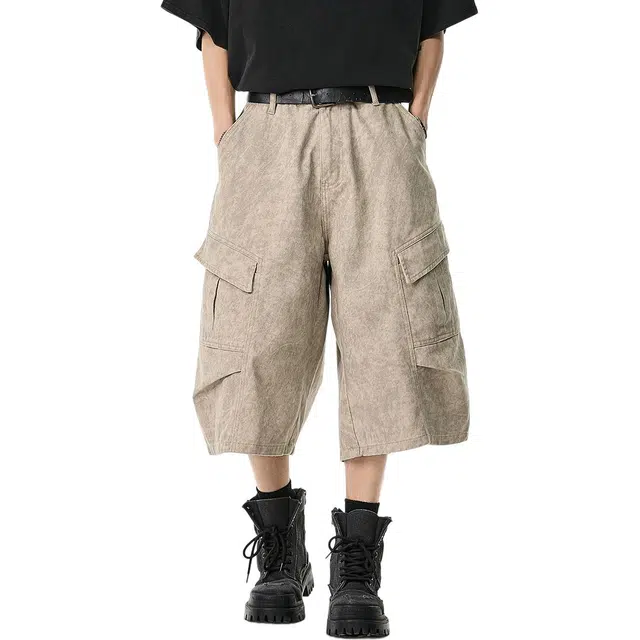 米素力 美式复古做旧宽松迷彩中腰七分裤工装短裤 男女同款