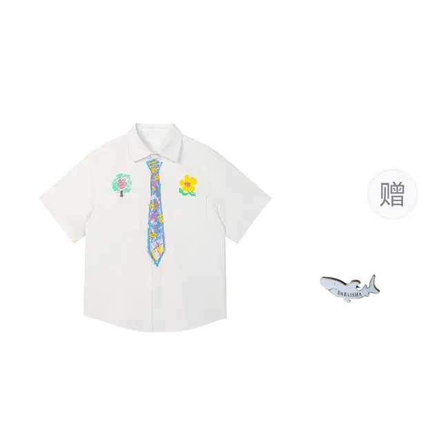 大白鲨 日系潮牌复古卡通涂鸦宽松休闲百搭翻领短袖衬衫 男款 白色