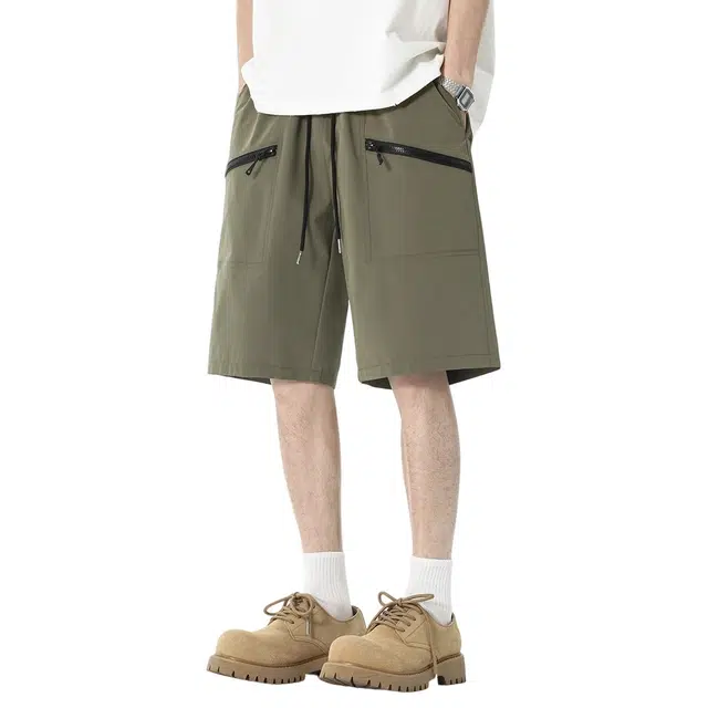 顶峰保罗 美式拼接拉链冰丝薄款宽松百搭工装直筒无性别主义运动健身五分中裤弹力潮牌显高垂顺外穿痞帅休闲短裤 男女同款