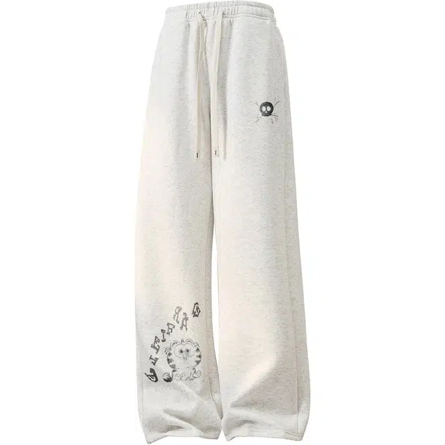 加菲猫家族 呆萌可爱卡通动漫加菲猫字母印花直筒垂感显高拖地学生党日常高街百搭宽松舒适透气亲肤系带中腰针织运动裤 男女同款