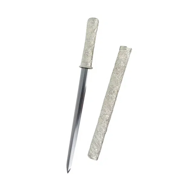 天子剑 白铜龙王剑 一体精雕外鞘装饰百炼花纹钢锻造八面短款宝剑 成品模型