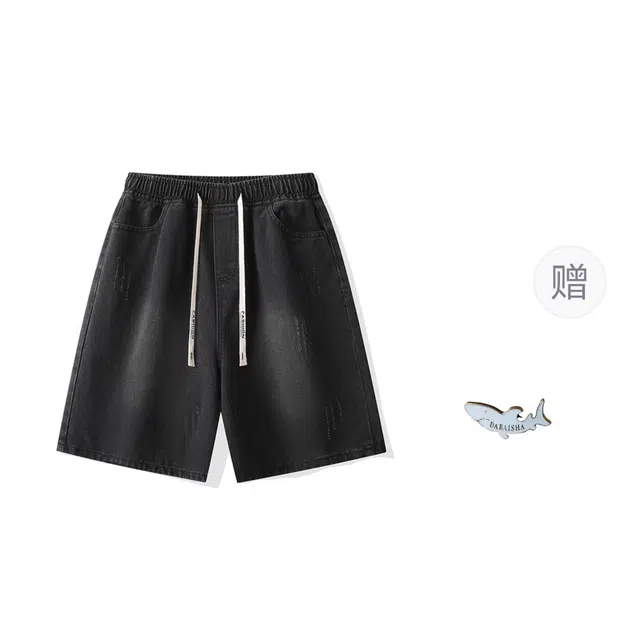 大白鲨 日系休闲抓痕设计水洗做旧潮流薄款五分牛仔短裤 男款