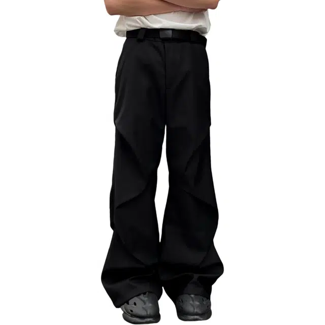 冈哉 美式高街纯色基础款褶皱拼接设计宽松阔腿百搭伞兵裤垂感拖地潮流弯刀微喇休闲裤 男女同款