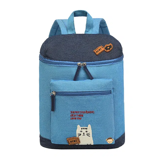 泰迪珍藏 呆萌猫咪卡通撞色水桶背包森系学院风学生 牛仔布 双肩包 女款 藏青色