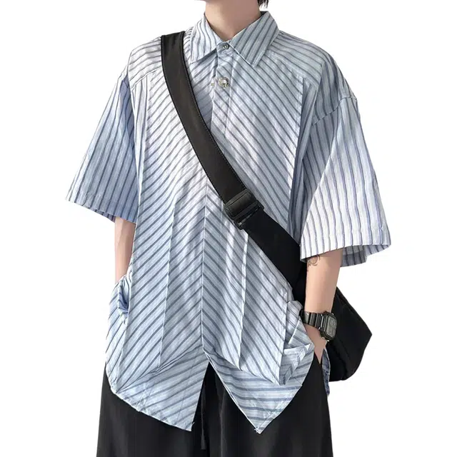 冈哉 美式复古褶皱条纹翻领立体剪裁拼接金属扣设计时尚潮流小众不撞款穿搭衬衣短袖衬衫 男女同款