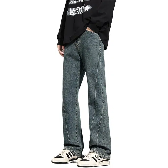 么宁 美式高街复古弹力微喇阔腿裤潮流时尚拼接简约百搭舒适透气个性痞帅牛仔裤 男女同款