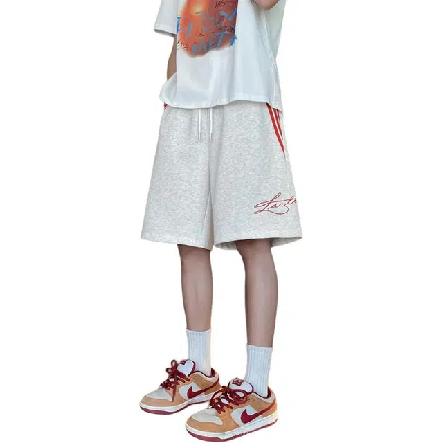 顶峰保罗 条纹字母拼接撞色凉感舒适直筒五分裤美式潮牌宽松小众百搭设计感运动休闲短裤 男女同款