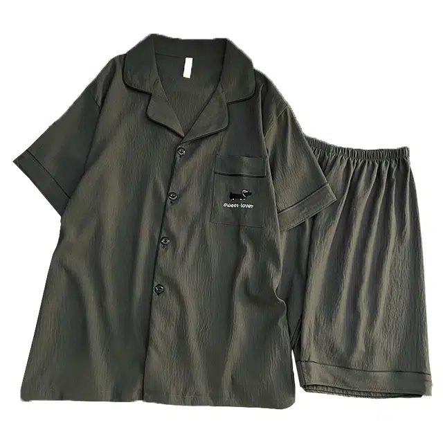 俏韵 翻领夏季云朵棉双短两件套简约纯色刺绣开衫薄款家居服可外穿睡衣套装 男款