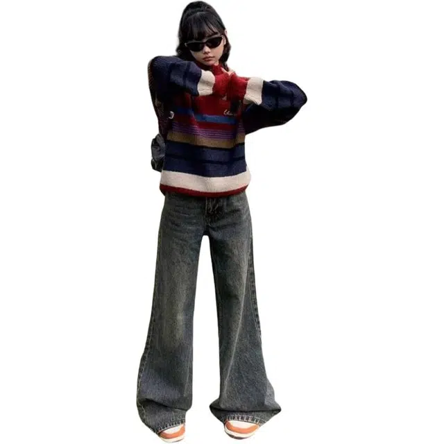 北极绒 美式复古女春秋高腰显瘦小个子微喇叭垂感阔腿拖地裤子牛仔裤  女款