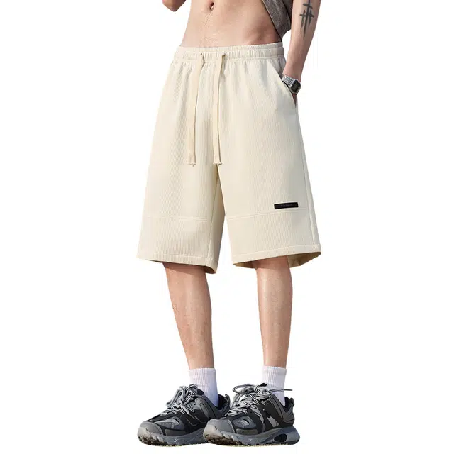 顶峰保罗 美式拼接直筒外穿冰丝薄款宽松百搭潮牌显高垂顺痞帅无性别主义运动健身五分中裤弹力休闲短裤 男女同款