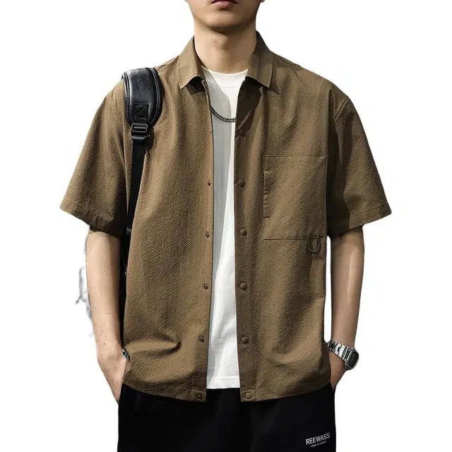 前进牛 日系高端工装简约都市休闲潮牌肌理凉感夏季速干宽松百搭休闲衬衣短袖衬衫 男女同款