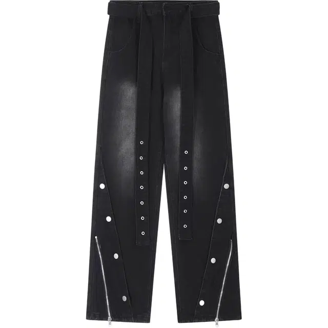 零氏 美式复古磨破钉扣斜拉链设计宽松直筒牛仔裤 男女同款